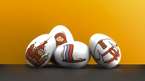 Cartel Pancarta Pascua Feliz Pascua Rusia Huevos Con Varios Dibujos —  Fotos de Stock