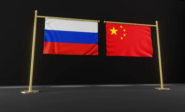 Russia and China flags. Russia flag and China flag. Russia and China negotiations. 3D work and 3D image