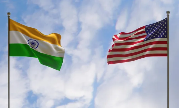 Indiens Och Usa Flaggor Blå Himmel Och Flagga Indien Och — Stockfoto