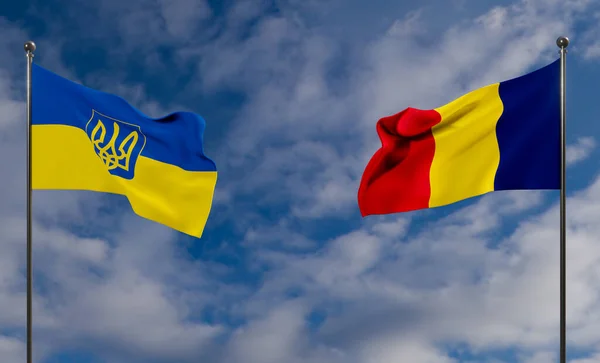 Flaggen Der Ukraine Und Rumäniens Blauer Himmel Flagge Ukraine Und — Stockfoto