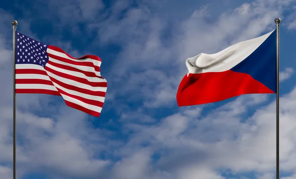 美国和捷克国旗 蓝天飘扬美国国旗 捷克国旗 3D作品和3D图像 — 图库照片