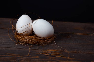 Paskalya posteri ve afişi. Tahtadaki kuş yuvası ve yumurtalar