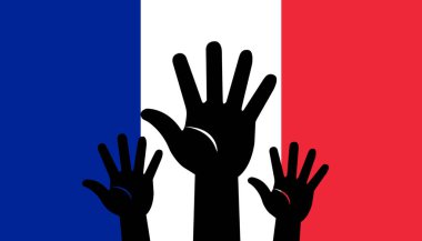 Fransa 'da protesto. Fransa 'da toplanın. Fransa. bayraklar ve siluetler yumruklarla