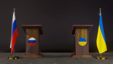 Rusya ve Ukrayna bayrakları. Rusya ve Ukrayna bayrağı. Rusya ve Ukrayna görüşmeleri. Konuşmalar için Rostrum. 3B çalışma ve 3B resim