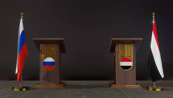 Russie Yémen Drapeau Russe Yéménite Négociations Russie Yémen Rostrum Pour — Photo