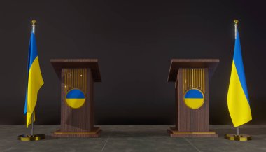 Ukrayna bayrakları. Konuşma için Rostrum. 3B çalışma ve 3B resim