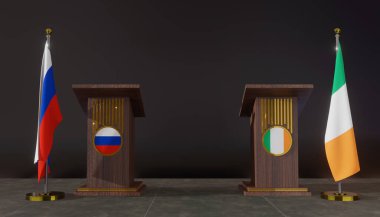 Rusya ve İrlanda. Rusya ve İrlanda bayrağı. Rusya ve İrlanda görüşmeleri. Konuşma için Rostrum. 3B çalışma ve 3B resim