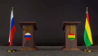 Rusya ve Litvanya bayrakları. Rusya ve Litvanya bayrağı. Rusya ve Litvanya görüşmeleri. Konuşma için Rostrum. 3B çalışma ve 3B resim