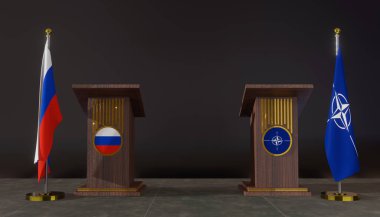 Rusya ve NATO bayrakları. Rusya ve NATO bayrağı. Rusya ve NATO görüşmeleri. Konuşma için Rostrum. 3B çalışma ve 3B resim