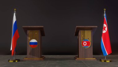 Rusya ve Kuzey Kore bayrakları. Rusya ve Kuzey Kore bayrağı. Rusya ve Kuzey Kore görüşmeleri. Konuşma için Rostrum. 3B çalışma ve 3B resim