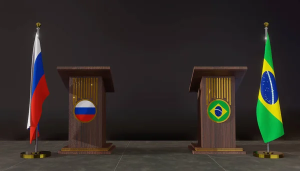 Russie Brésil Drapeau Russe Brésilien Russie Brésil Négociations Rostrum Pour — Photo
