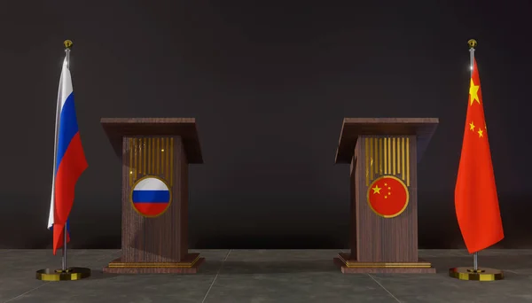 Russie Chine Drapeau Russe Chinois Négociations Russie Chine Rostrum Pour — Photo
