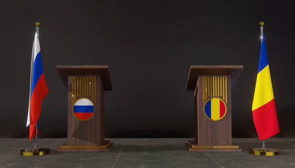 俄罗斯和罗马尼亚的国旗 俄罗斯和罗马尼亚的国旗 俄罗斯和罗马尼亚的谈判 说话的罗密欧 3D作品和3D图像 — 图库照片