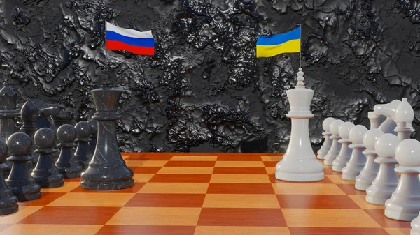 Háború Oroszország Ukrajna Sakktáblán Zászló Oroszország Zászló Ukrajna Munka Kép — Stock Fotó