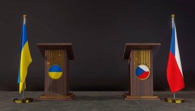Ukrayna ve Çek bayrakları. Ukrayna ve Çek bayrağı. Ukrayna ve Çek müzakereleri. Konuşma için Rostrum. 3B çalışma ve 3B resim
