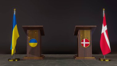 Ukrayna ve Danimarka bayrakları. Ukrayna ve Danimarka bayrağı. Ukrayna ve Danimarka müzakereleri. Konuşma için Rostrum. 3B çalışma ve 3B resim