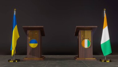 Ukrayna ve Fildişi Sahili bayrakları. Ukrayna ve Fildişi Sahili bayrağı. Ukrayna ve Fildişi Sahili görüşmeleri. Konuşma için Rostrum. 3B çalışma ve 3B resim