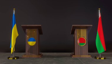 Ukrayna ve Belarus bayrakları. Ukrayna ve Belarus bayrağı. Ukrayna ve Belarus görüşmeleri. Konuşma için Rostrum. 3B çalışma ve 3B resim