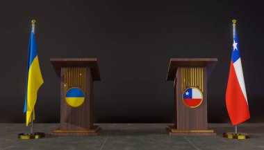 Ukrayna ve Şili bayrakları. Ukrayna ve Şili bayrağı. Ukrayna ve Şili müzakereleri. Konuşma için Rostrum. 3B çalışma ve 3B resim