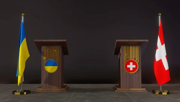 Ukraine Switzerland Flags Ukraine Schweiz Flag Ukraine Schweiz Negotiations Rostrum — ストック写真