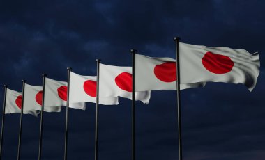 Japonya bayrakları, kara gökyüzü ve bulutlu Japonya bayrağı. Bayraklar. 3B çalışma ve 3B resim