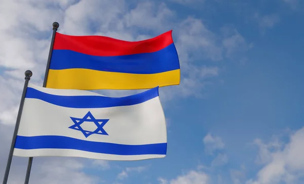 Armenia and Israel flags, Armenian flag and Israel flag. with blue sky and clouds. 3D work and 3D image