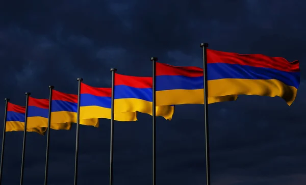 亚美尼亚国旗 亚美尼亚国旗 天空乌云密布 旗帜的背景 3D作品和3D图像 — 图库照片