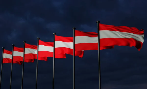 オーストリアの旗 暗い空と雲のオーストリアの旗 旗の背景 3D作品と3D画像 — ストック写真