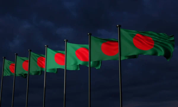 Bangladéšské Vlajky Bangladéšská Vlajka Temnou Oblohou Mraky Příznaky Pozadí Práce — Stock fotografie