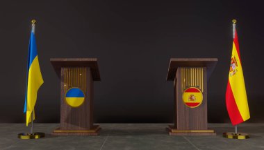 Ukrayna ve İspanya bayrakları. Ukrayna ve İspanya bayrağı. Ukrayna ve İspanya görüşmeleri. Konuşma için Rostrum. 3B çalışma ve 3B resim