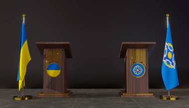 Ukrayna ve CSTO bayrakları. Ukrayna ve CSTO bayrağı. Ukrayna ve CSTO görüşmeleri. Konuşma için Rostrum. 3B çalışma ve 3B resim