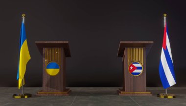 Ukrayna ve Küba bayrakları. Ukrayna ve Küba bayrağı. Ukrayna ve Küba görüşmeleri. Konuşma için Rostrum. 3B çalışma ve 3B resim