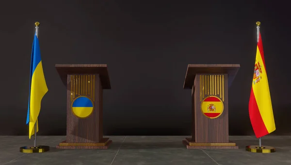 Ukraine Spain Flags Ukraine Spain Flag Ukraine Spain Negotiations Rostrum — Photo
