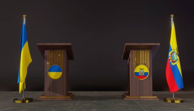 Ukrayna ve Ekvador bayrakları. Ukrayna ve Ekvador bayrağı. Ukrayna ve Ekvador görüşmeleri. Konuşma için Rostrum. 3B çalışma ve 3B resim