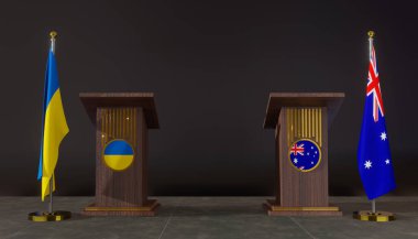 Ukrayna ve Avustralya bayrakları. Ukrayna ve Avustralya bayrağı. Ukrayna ve Avustralya görüşmeleri. Konuşma için Rostrum. 3B çalışma ve 3B resim.