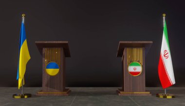 Ukrayna ve İran bayrakları. Ukrayna ve İran bayrağı. Ukrayna ve İran görüşmeleri. Konuşma için Rostrum. 3B çalışma ve 3B resim