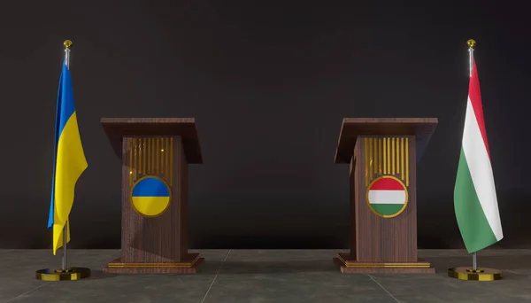 Ukraine Hungary Flags Ukraine Hungary Flag Ukraine Hungary Negotiations Rostrum — Photo