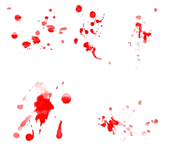 白い背景に隔離された現実的な血 5枚のコレクションの血とスプラッシュの滴 — ストック写真