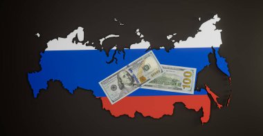 Rusça yaptırımlar. Rus ekonomisi üzerine yaptırımlar. Rusya haritası ve bayrağı. 3B çalışma ve 3B illüstrasyon