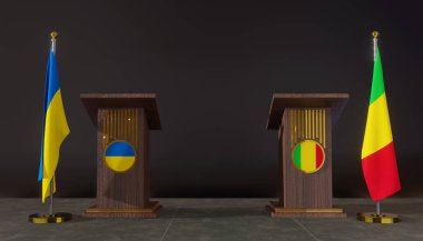 Ukrayna ve Mali bayrakları. Ukrayna ve Mali bayrağı. Ukrayna ve Mali görüşmeleri. Konuşma için Rostrum. 3B çalışma ve 3B resim