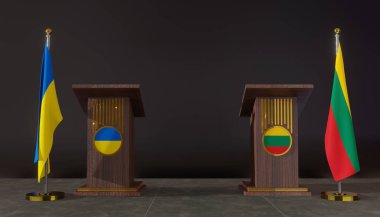Ukrayna ve Litvanya bayrakları. Ukrayna ve Litvanya bayrağı. Ukrayna ve Litvanya görüşmeleri. Konuşma için Rostrum. 3B çalışma ve 3B resim