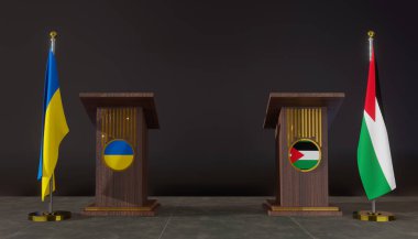 Ukrayna ve Ürdün bayrakları. Ukrayna ve Ürdün bayrağı. Ukrayna ve Ürdün görüşmeleri. Konuşma için Rostrum. 3B çalışma ve 3B resim