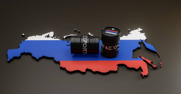 Russian oil, oil barrel background, Russia map on barrel, sanctions on Russian oil. 3D work and 3D illustration