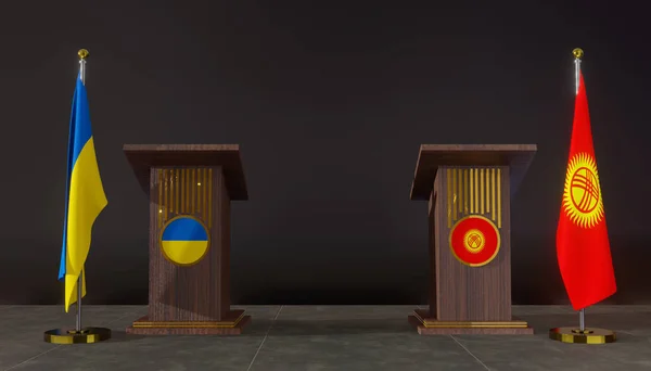 Ukraine Kyrgyzstan Flags Ukraine Kyrgyzstan Flag Ukraine Kyrgyzstan Negotiations Rostrum — Foto de Stock