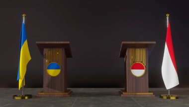 Ukrayna ve Monako bayrakları. Ukrayna ve Monako bayrağı. Ukrayna ve Monako görüşmeleri. Konuşma için Rostrum. 3B çalışma ve 3B resim