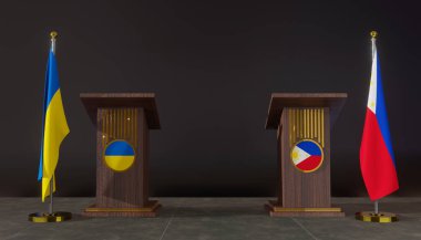 Ukrayna ve Filipinler bayrakları. Ukrayna ve Filipinler bayrağı. Ukrayna ve Filipinler görüşmeleri. Konuşma için Rostrum. 3B çalışma ve 3B resim