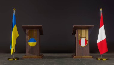 Ukrayna ve Peru bayrakları. Ukrayna ve Peru bayrağı. Ukrayna ve Peru görüşmeleri. Konuşma için Rostrum. 3B çalışma ve 3B resim