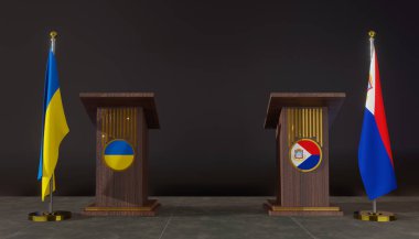 Ukrayna ve Sint Maarten bayrakları. Ukrayna ve Sint Maarten bayrağı. Ukrayna ve Sint Maarten görüşmeleri. Konuşma için Rostrum. 3B çalışma ve 3B resim