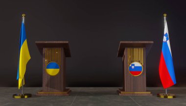Ukrayna ve Slovenya bayrakları. Ukrayna ve Slovenya bayrağı. Ukrayna ve Slovenya müzakereleri. Konuşma için Rostrum. 3B çalışma ve 3B resim.