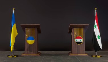Ukrayna ve Suriye bayrakları. Ukrayna ve Suriye bayrağı. Ukrayna ve Suriye müzakereleri. Konuşma için Rostrum. 3B çalışma ve 3B resim.